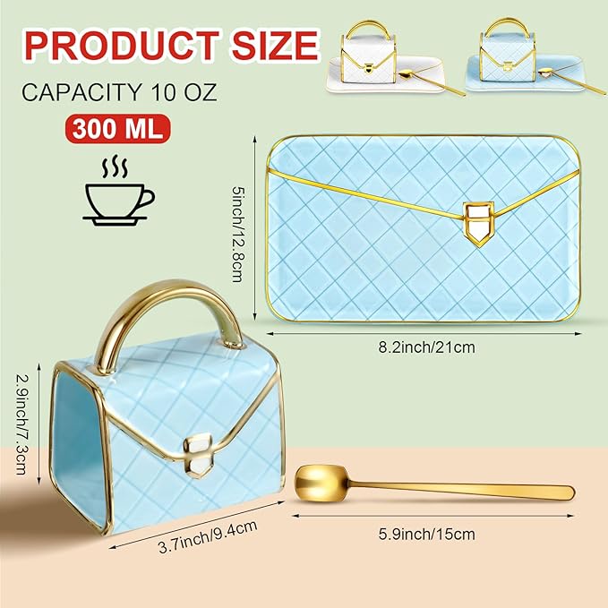 Zubebe 2 Sets Coffee Mug Elegant Handbag Shaped Cup Modern Ceramic Purse Mug with Spoon and Saucer, 10oz Cute Creative Tea Cup for Office Home Woman Girls Gift (White,Blue)-Ruum Studio Home
