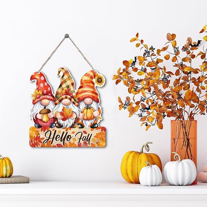 Hello Fall Wood Hanging Gnome Decoration, Autumn Wooden Signs, Rustic Thanksgiving Decoration, Home Interior And Exterior Decor, Autumn Harvest Thanksgiving Home Decor-Ruum Studio Home