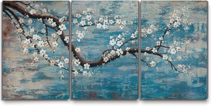 amatop Wall Art for Living Room 100% Hand-Painted Flower Oil Painting On Canvas Gallery Wrapped Large Framed Floral Plum Blossom Tree Teal Blue Artwork for Home Bedroom Decor 48"x24"-Ruum Studio Home