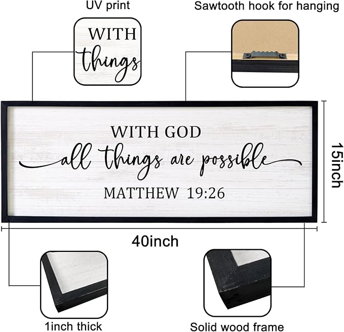 With God All Things are Possible Framed Wall Art, 40''×15'' Positive Holy Religious Rustic Bible Verse for Christian God Jesus Christ Prayer, Vintage Horizontal Inspirational Catholic Scripture Decor-Ruum Studio Home