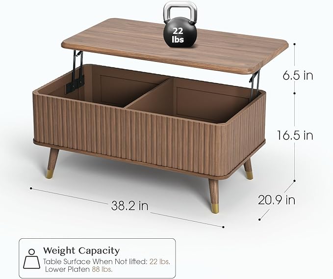 Lift Top Coffee Table with Storage,Mid Century Modern Coffee Table,Fluted Wood Rectangle Center Table for Living Room,Home Office,Walnut-Ruum Studio Home