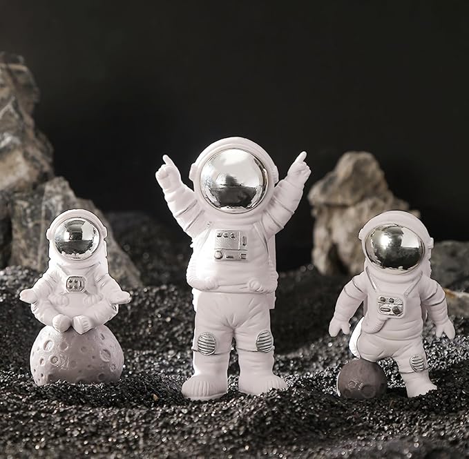 3 Pcs Silver White Astronaut Statues Set, Spaceman Sculpture Figurines Home Ornament Cake Toppers Gift-Ruum Studio Home