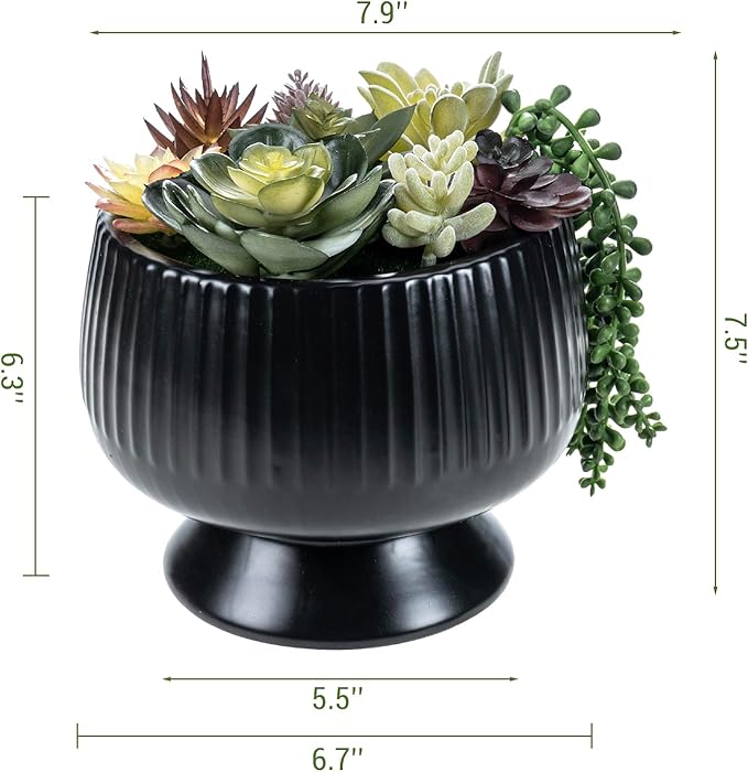 MyGift 8 Inch Modern Green Artificial Succulent Arrangement Potted in Matte Black Fluted Ceramic Round Planter, Decorative Plant Pot with Assorted Faux Mini Succulents-Ruum Studio Home