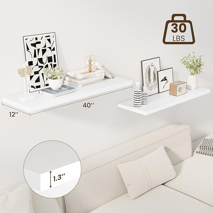 40" Floating Shelves for Wall, 12" Deep Slim White Floating Shelves, Wall-Mounted Shelves for Bedroom, Living Room, Kitchen, Bathroom - Set of 2-Ruum Studio Home