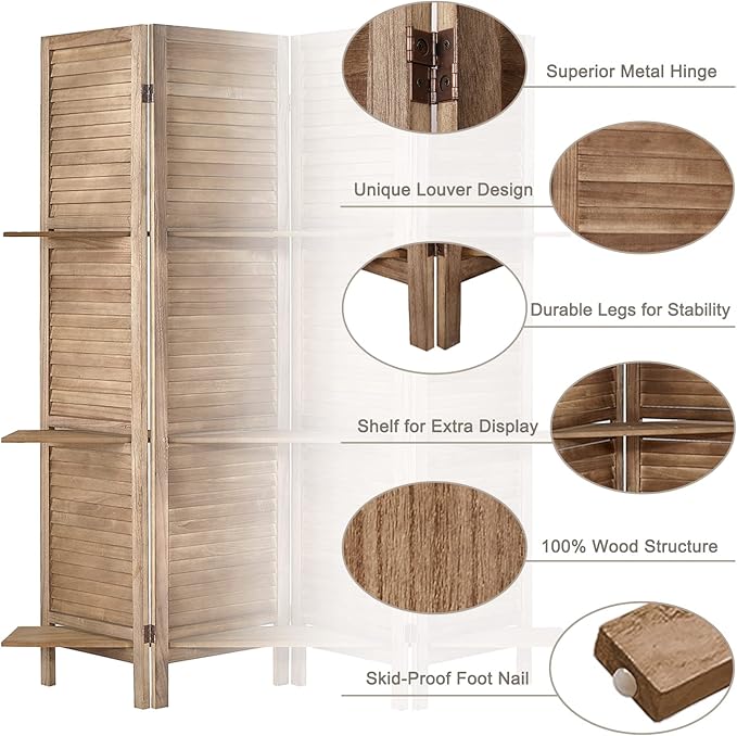 Room Divider with Shelves, Privacy Screen, Room Dividers and Folding Privacy Screens, 6 Panel Wood Temporary Wall Partition Separation Separator, Brown-Ruum Studio Home