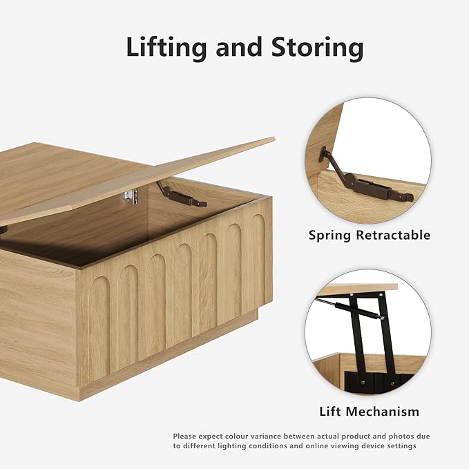 Lift Top Coffee Table with Storage, Modern Coffee Table with Arched Design, 31.5" Square Tea Table with Wood Grain, Boho Multifunctional Center Table for Living Room, Office, Oak-Ruum Studio Home