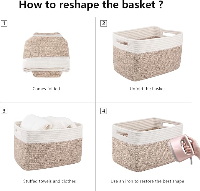 OIAHOMY 4 Pack Storage Baskets for Organizing, Basket for Shelves with Handle, Woven Baskets for Storage Toys, Towels, Books, Cotton Rope Basket 13" L x 9 " W x 7.8 " H, Brown & White-Ruum Studio Home