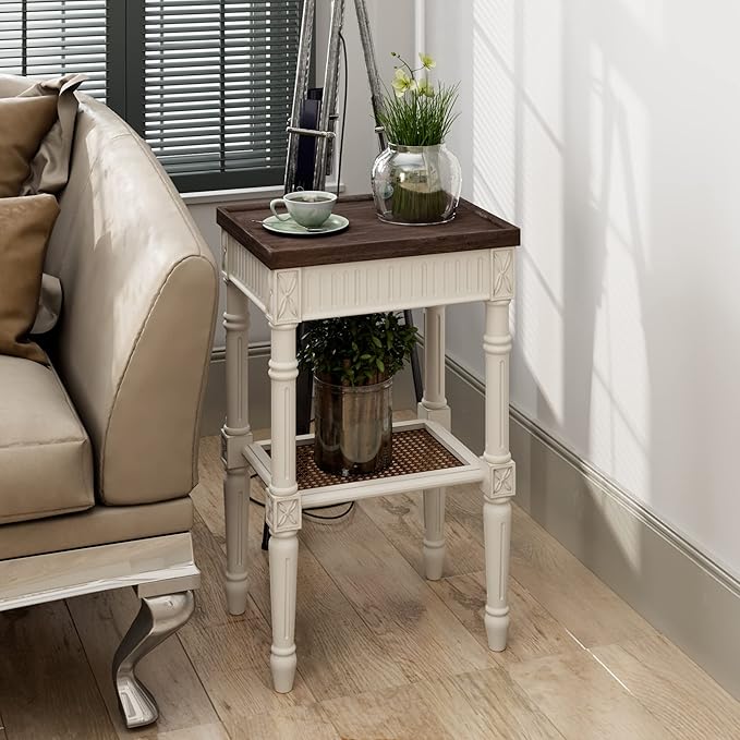 Rustic Farmhouse Cottagecore Accent End Table Set of 2, Distressed Accent Side Table with Espresso Tray Top and Woven Wicker Shelf, Boho, French Country Decor, Square, Weathered Brown & White-Ruum Studio Home