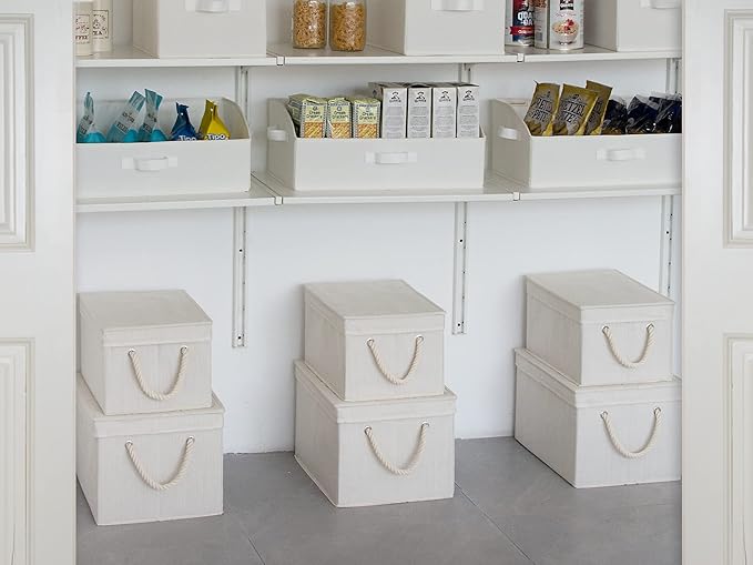 StorageWorks Large Storage Bins with Lids, Decorative Storage Boxes with Lid and Soft Rope Handles, Foldable Storage Baskets for Closet, Shelves, Stackable, Ivory and White, 3-Pack-Ruum Studio Home