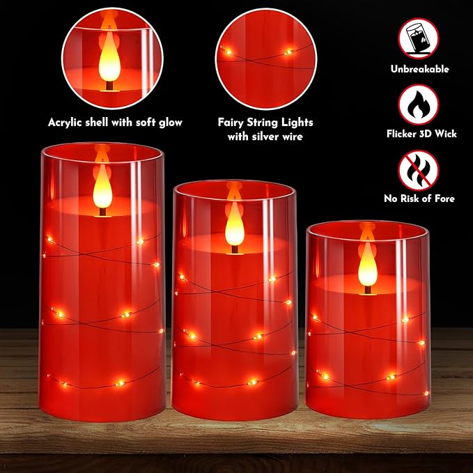 NURADA Flickering Flameless Candles: Built-in Star String Lights Battery Operated LED Pillar Candles with Remote and Timer Romantic Decorations for Wedding Party Christmas Halloween - Red 3 Pack-Ruum Studio Home