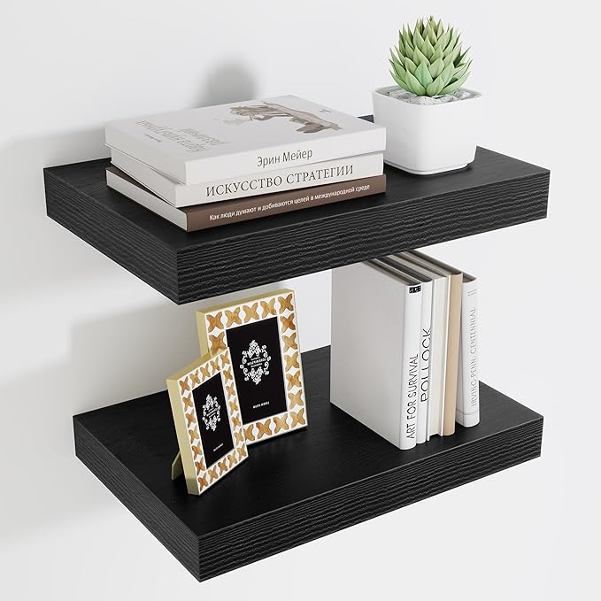 Fun Memories Black Floating Shelves for Wall - 10 x 16 Floating Shelf - Rustic Wood Storage Shelf - Wall Shelves with Invisible Bracket - 16" Bookshelves for Living Room & Bedroom - Black - Set of 2-Ruum Studio Home