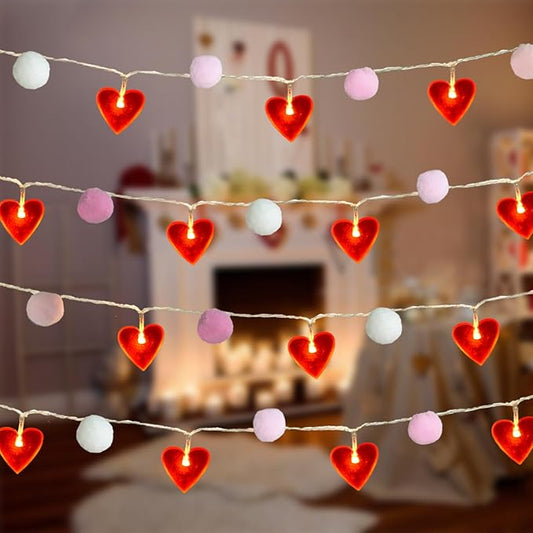 Red Heart String Lights 9.85 Ft Valentines Light with 20 LEDs 20 Pink Pom Poms Garland Lights Battery Operated with Timer Valentines Decorations for Wedding Party Valentine Decor-Ruum Studio Home