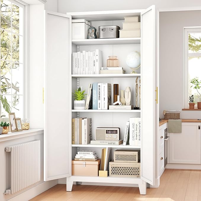 70.87" H Metal Kitchen Pantry Cabinet, Freestanding Cupboard with 2 Doors and 4 Adjustable Shelves, Tall Metal Storage Cabinet for Kitchen, Bathroom, Dinning Room or Laundry Room （White）-Ruum Studio Home