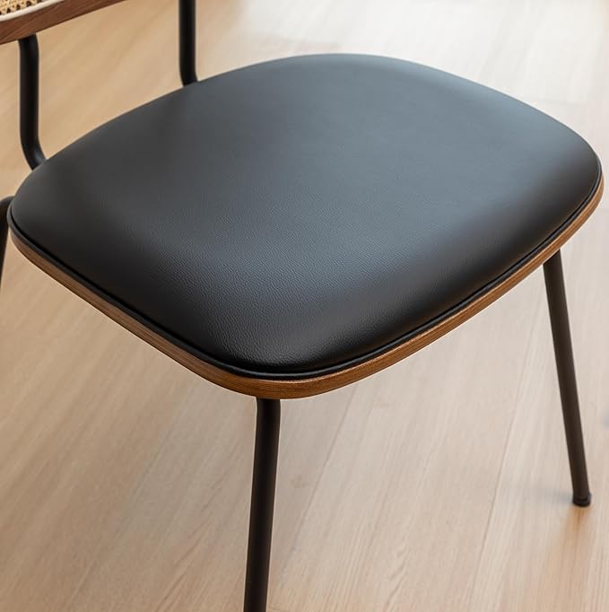 Rattan Dining Chairs Set of 4, Mid Century Modern Dining Chairs with Cane Back for Kitchen Dining Room, 19 Inch Faux Leather Black-Ruum Studio Home