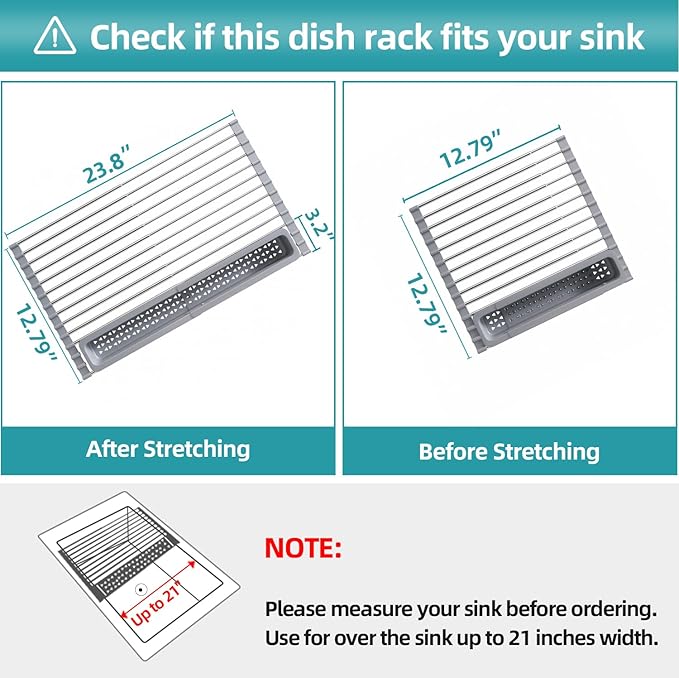 Roll Up Dish Drying Rack, Expandable (12.8"-23.8" D x 12.8" W) Stainless Steel Portable Drainer for Kitchen Sink Counter, Foldable Over The Sink Cover with Removable Utensil Holder-Ruum Studio Home