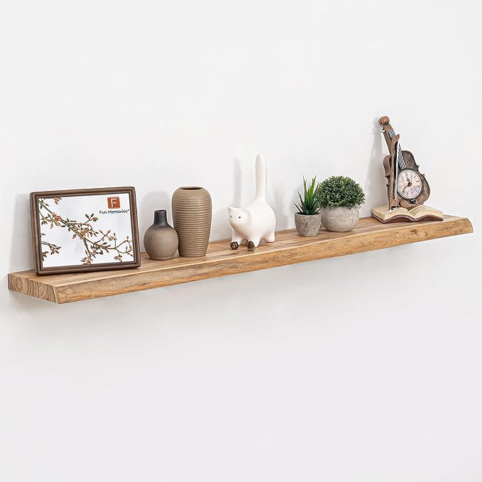 48 Inch Floating Shelves for Wall, Rustic Live Edge Elm Wood Shelf, Heavy-Duty Deep Floating Shelf for Home Decor, Wall Mounted Storage Shelves for Books, Bathroom, and Kitchen, Natural Finish-Ruum Studio Home