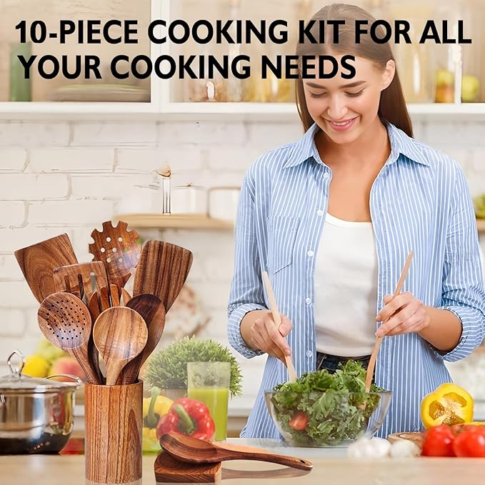 Wooden Spoons for Cooking 10 Pieces Set, Teak Kitchen Utensils Spatula, Wooden Cooking Utensils Spoons, with Spoon Rest, Strainer Spoon, Pasta server, Fried Spatula and Salad Fork, Utensil Holder-Ruum Studio Home