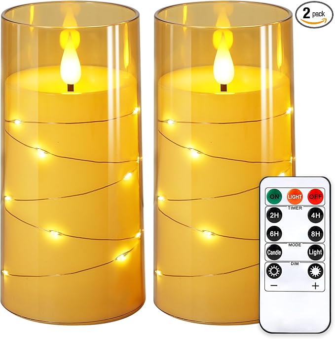 NURADA 3"x6"Flickering Flameless Candles: Built-in Star String Lights Acrylic Battery Operated LED Pillar Candles with Remote and Timer for Romantic Mood Home Decoration - 2 Pack Gold-Ruum Studio Home