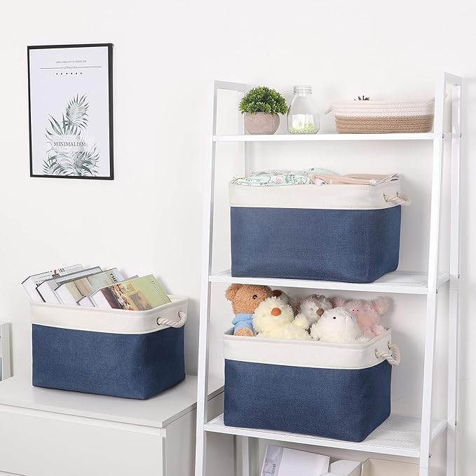 Bidtakay Storage Baskets Collapsible [3-Pack] Decorative Storage Bins with Cotton Rope Handles 15 X 11 X 9.5 Inch Organizing Baskets for Shelves Clothes Closet Navy Blue Baskets for Gifts Empty-Ruum Studio Home