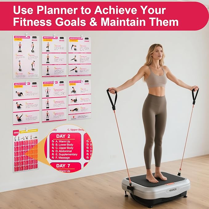 Vibration Plate Exercise Machine Poster - Upgraded 6 Workout Guidance & 10 Pcs Planner & 10 Pcs Double-Sided Clips, Comprehensive Whole Body Wave Vibrating Workout Chart, Pink-Ruum Studio Home