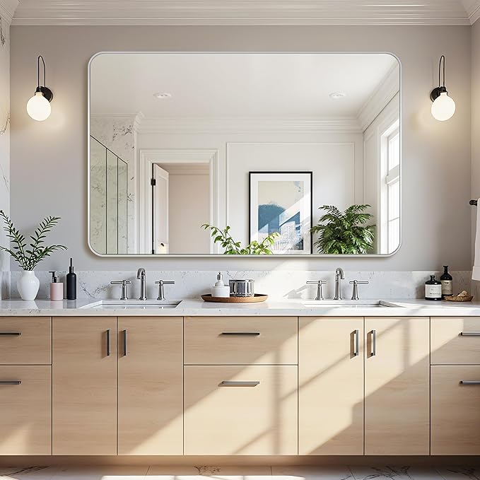 Bathroom Mirror 55" x 36", Large Rectangle Wall Mirror, Silver Metal Frame Wall Mounted Mirrors for Bathroom, Vanity, Bedroom, Entryway Decor(Horizontal/Vertical)-Ruum Studio Home