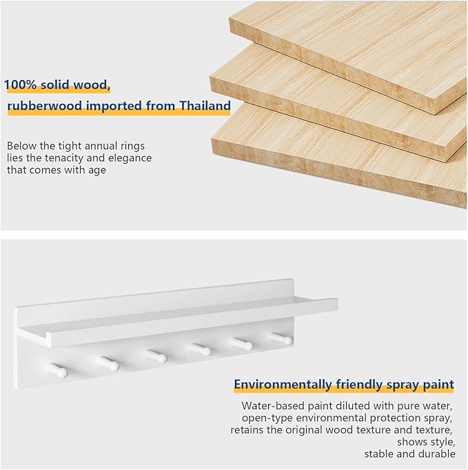 Wood Coat Hook with Wall-Mounted Shelf,23.62in Entryway Wall Hanging Shelf,for Bathroom, Kitchen,Coat Towel Key Organizer White YD-WS0260W-Ruum Studio Home
