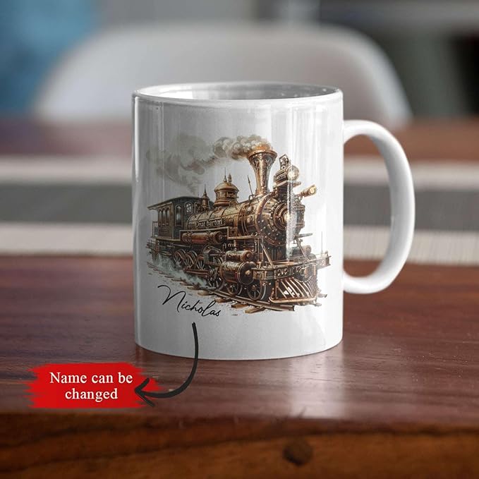 Customized Vintage Locomotive Design Ceramic Cup, Personalized Steampunk Train Coffee Mug 11oz 15oz, Unique Custom Name Mug Gift For Train Enthusiasts, Steam Engine White Mug-Ruum Studio Home
