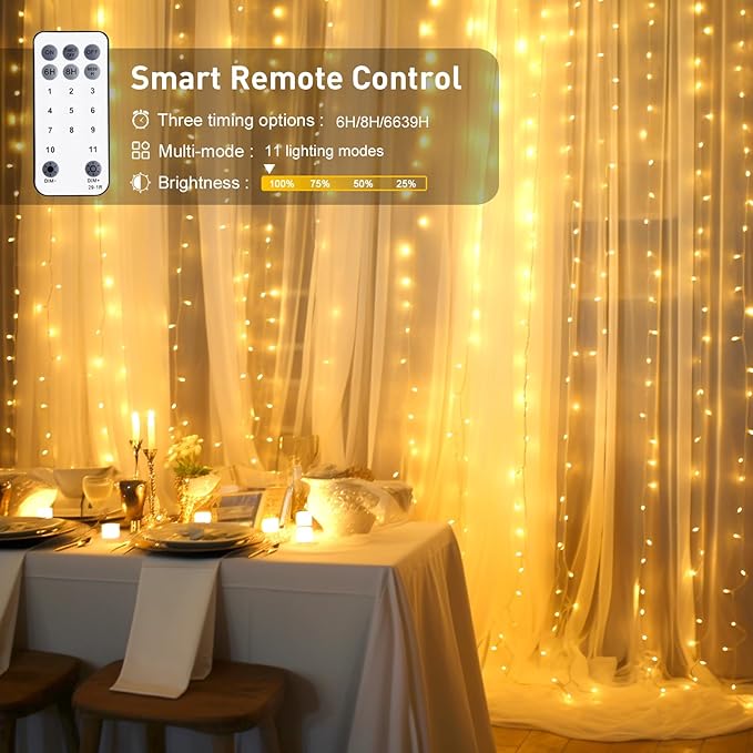 JMEXSUSS 300LED Dual Color Changing Curtain Lights with Remote, 9.8 x 9.8ft Connectable Plug in Christmas String Lights for Bedroom Backdrop Outdoor Decor, Warm White to Multicolor-Ruum Studio Home