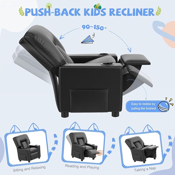 Kids Recliner Chair, Leather Push Back Kids Reclining Chair with Cup Holders & Side Pockets, Safety Adjustable Footrest Toddler Recliner for Age 3+, Kid Recliners for Girls Boys, Black-Ruum Studio Home