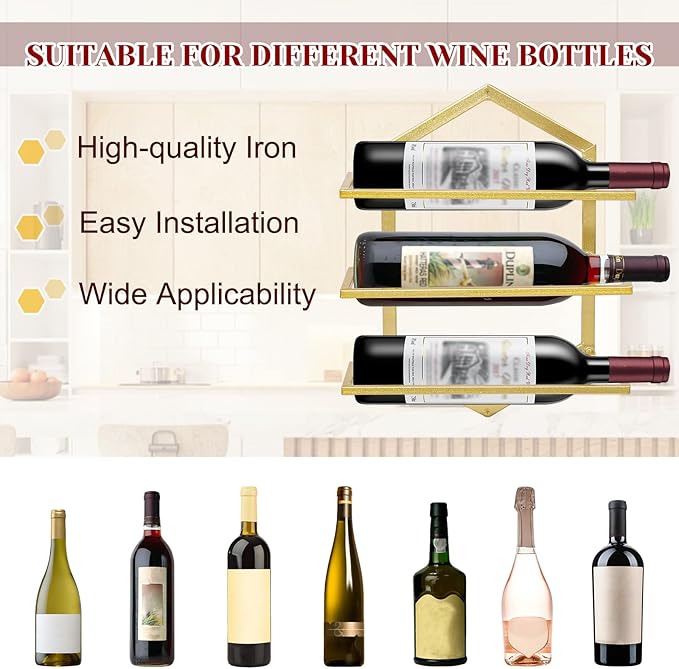2Pcs Wall Mounted Wine Stemware Rack, Metal Hanging Wine Glass Display Holde Holds 3 Bottles, Elegant Storage for Kitchen Dining Room Bar Wine Cellar (Gold)-Ruum Studio Home