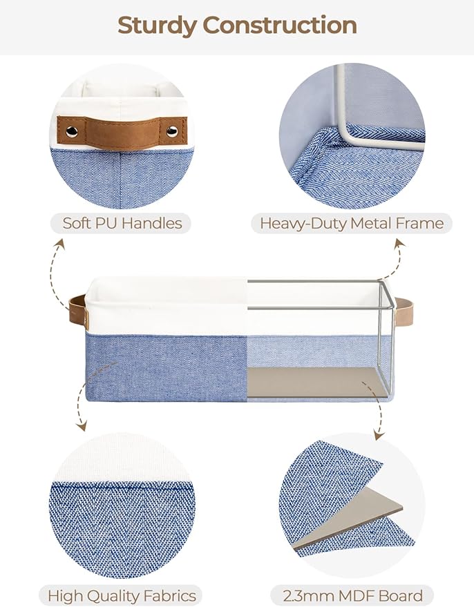 StorageWorks Narrow Storage Bins, Small Basket for Closet and Shelves, Fabric Organizer with Handles, Toilet Paper Storage, Blue and White, 2-Pack-Ruum Studio Home