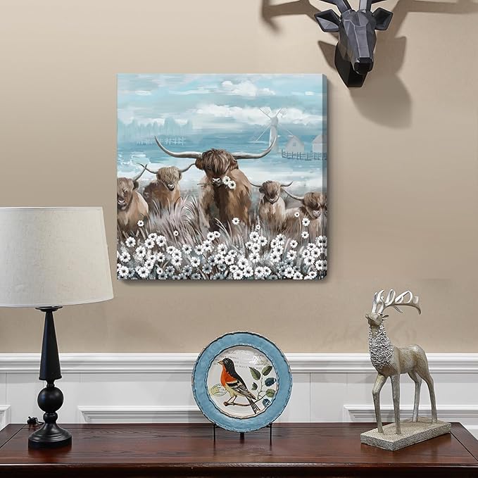 Canvas Wall Art Bathroom Coastal Boho Farmhouse Highland Cow Flower Picture Floral Artwork Rustic Country Landscape Longhorn Animal Painting for Living Room Bedroom Kitchen Décor Blue Brown Small-Ruum Studio Home