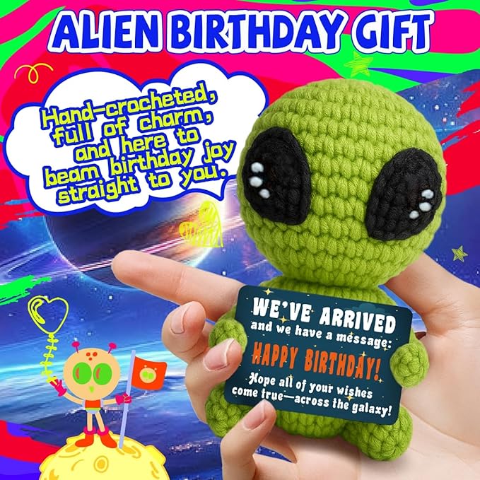 Cute Crochet Alien Plush Toy Unique Birthday Gift for Boys Girls Friends Man Women Handmade Alien Stuffed Animal Funny Space Theme Present for Kids, Teens Sci-Fi Fans-Ruum Studio Home