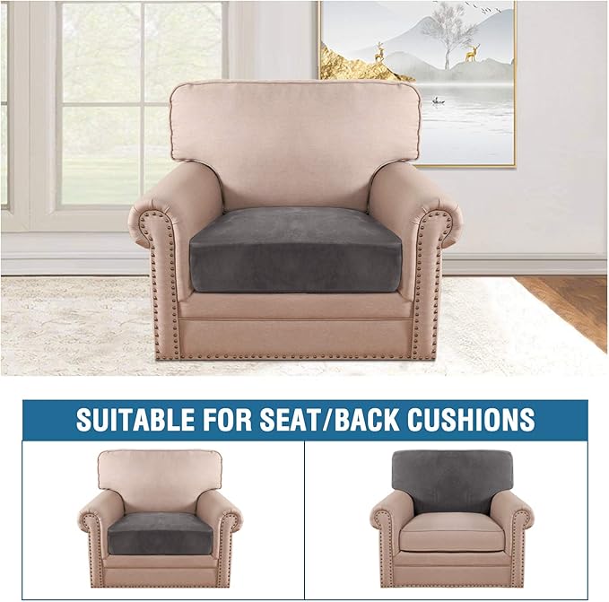 H.VERSAILTEX Velvet Stretch Couch Cushion Cover Plush Cushion Slipcover for Chair Cushion Furniture Protector Seat Cushion Sofa Cover (1 Piece Armchair Cushion Covers, Grey)-Ruum Studio Home
