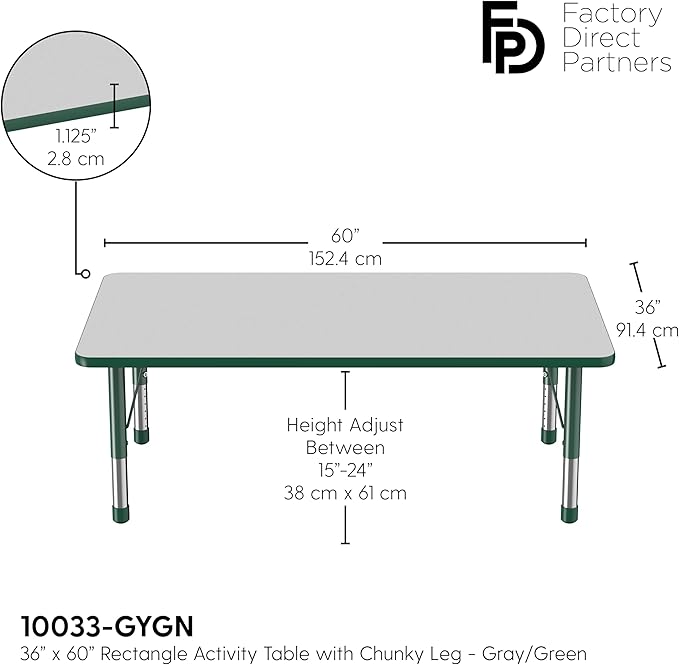Factory Direct Partners FDP Rectangle Activity School and Classroom Kids Table (36 x 60 inch), Toddler Leg, Adjustable Height 15-24 inches - Gray Top and Green Edge-Ruum Studio Home
