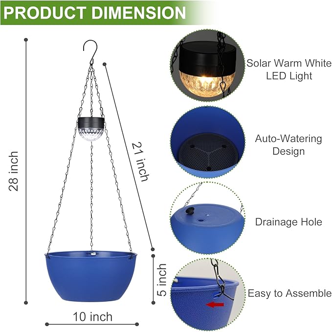 2 Packs Solar Hanging Basket Planters for Plants Outdoor, Self Watering Blue Flower Plants Pots with Solar Light Drainer for Balcony Patio Garden Outdoor Decoration-Ruum Studio Home