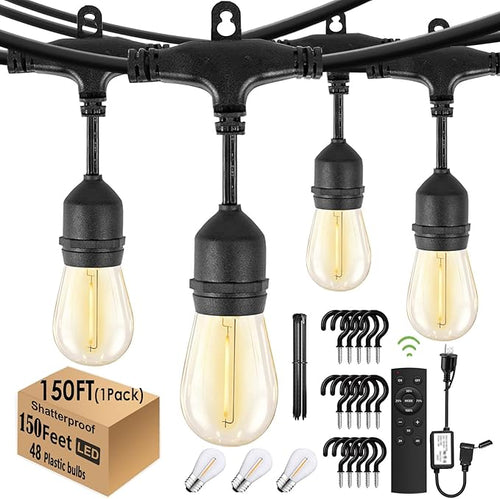 1-Pack 150 ft Outdoor String Lights with Remote Patio Lights Weatherproof, 45+3 Spare S14 Shatterproof Warm 2200K Bulbs, 3 Lighting Modes&Dimmable&Timer-Ruum Studio Home