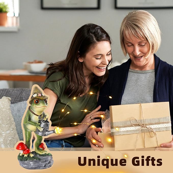 Solar Frog Statue for Garden with Watering Can Light 8.8" Resin Frog Figurine Outdoor Patio Porch Yard Decor Unique Birthday Housewarming Gifts for Women Mom Grandma Wife Sister-Ruum Studio Home