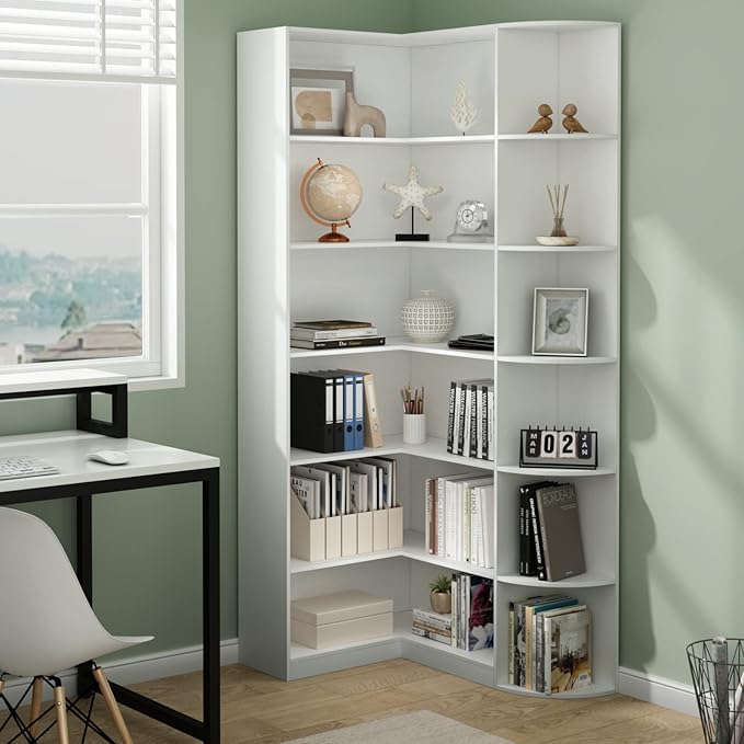 Loomie White Book Shelf, 6 Tiers Shelf Large Tall Corner Etagere Bookcase with Full Baffle, L-Shaped Modern Storage Display Industrial Bookshelves for Bedroom, Home Office, Living Room & Kitchen-Ruum Studio Home