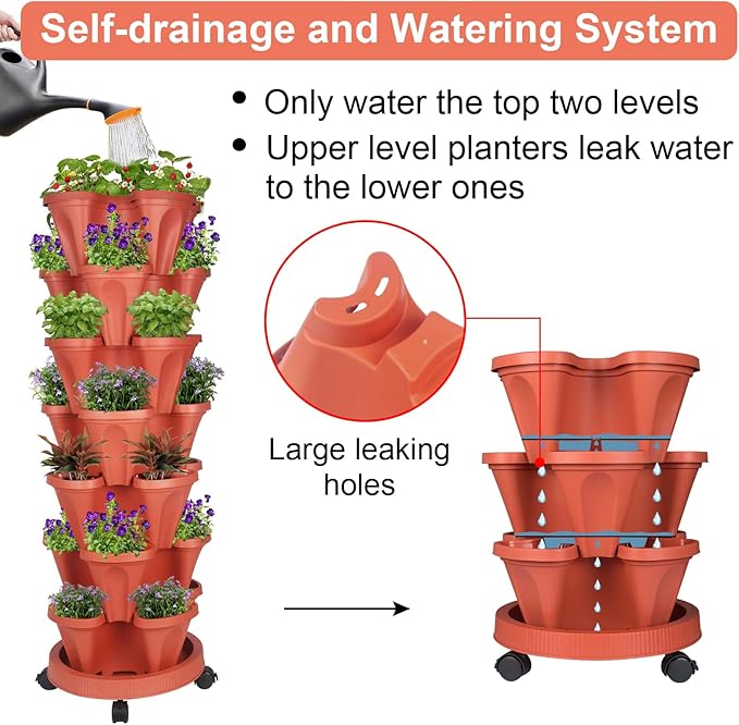 Vertical Planter 7 Tier Stackable Planters Garden Planters Strawberry Herb Flower and Vegetable Planter Indoor Outdoor Gardening Pots with Removable Wheels and Tools 2-Pack-Ruum Studio Home