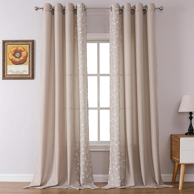 MIUCO Light Filtering Faux Linen Curtains - 95 Inch Long Bedroom & Living Room Drapes, Linen Floral Embroidered Solid Mix & Match, Semi Sheer Grommet Farmhouse Curtains, 2 Panels Set-Ruum Studio Home