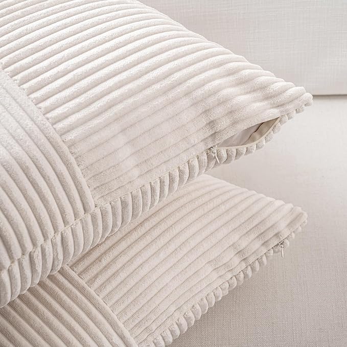 Fancy Homi Set of 2 Cream Boho Long Lumbar Body Decorative Throw Pillow Cover 14x36 Inch for Bed Couch Bedroom Bench, Soft Patchwork Corduroy Textured Pillow Case, Rustic Farmhouse Room Décor-Ruum Studio Home