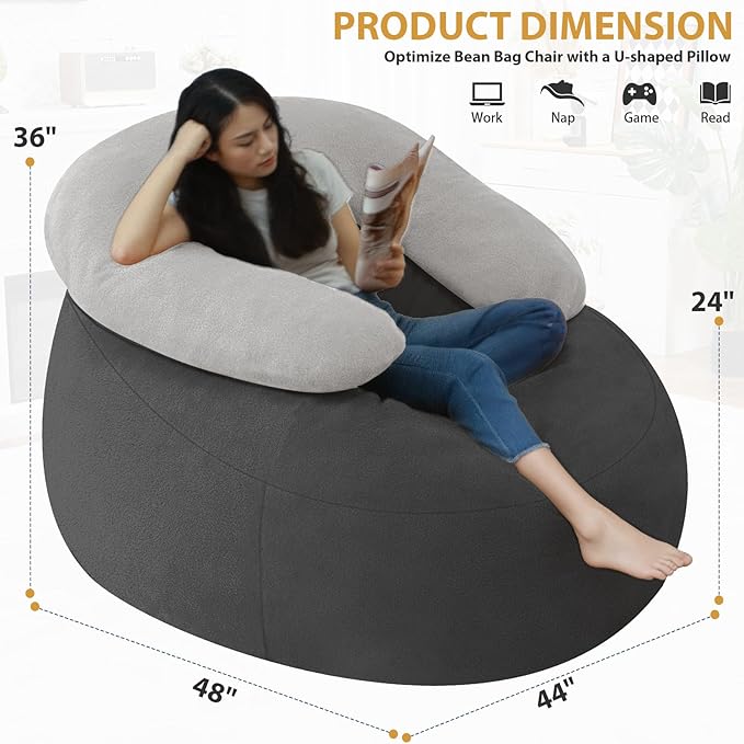 HABUTWAY Bean Bag Chair with U-Shaped Pillow for Adult and Kids Big BeanBag Chair with Filling Ultra Soft Teddy Fleece Couch Chair with Washable Cover for Living Room Bedroom, Dark Grey & Light Grey-Ruum Studio Home