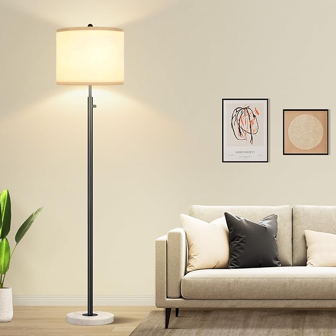 Nintiue Dimmable Floor Lamp for Living Room, 11W LED Bulb Included, Modern Standing Lamp with Marble Base, Tall Pole Light with White Linen Shade for Bedroom Reading Office Corner Nursery-Black-Ruum Studio Home