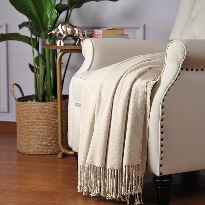CUDDLE DREAMS Silk Throw Blanket with Hand-Knotted Fringe, Natural, Soft & Breathable (Ivory)-Ruum Studio Home