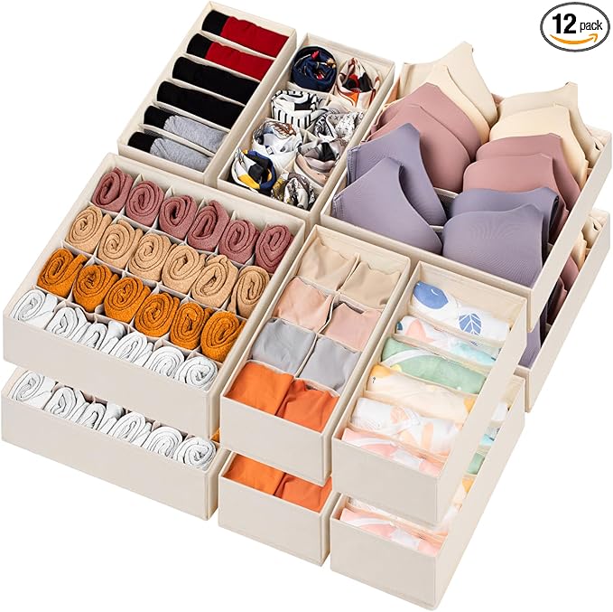 12 Pack Baby Clothes Organizer for Nursery, 116 Cells Fabric Foldable Dresser Closet Organizers and Storage Bins for Clothing, Women Men Underwear Socks, Bra, Ties, Scarf, Belt, Hair Accessories-Ruum Studio Home