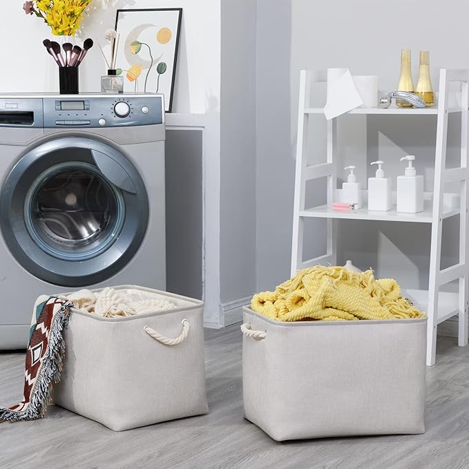 Bidtakay Large Fabric Storage Bins Beige Linen Closet Organizers Set of 2 Baskets for Shelves Clothes Bedroom 16x11.8x11.8 Inch Foldable Organization Baskets for Towels Blankets Storage Dog Toys-Ruum Studio Home
