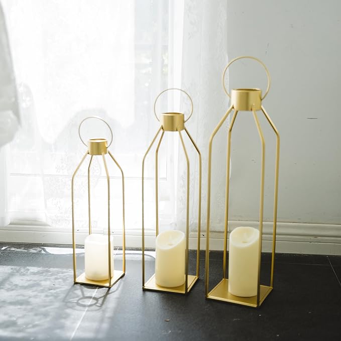HPC DECOR Modern Farmhouse Lantern Decor- 22''19''16''Tall Large Gold Metal Candle Lanterns for Home Decor-Lanterns Decorative w/Timer Flickering Candles for Living Room,Outdoor,Fireplace Mantle Decor-Ruum Studio Home