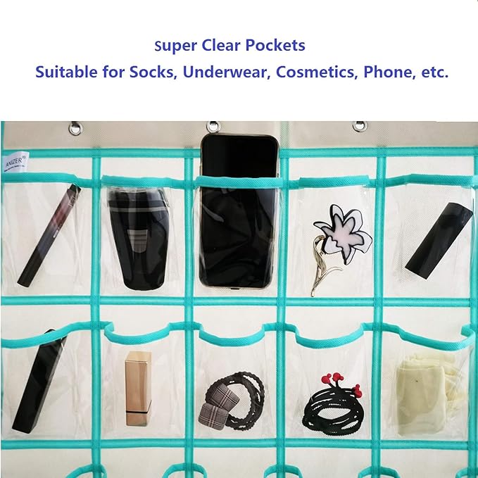 Classroom Pocket Chart for Phone Calculator Holder Over The Door Hanging Closet Jewelry Organizer with 30 Clear Pockets (BEIGE)-Ruum Studio Home