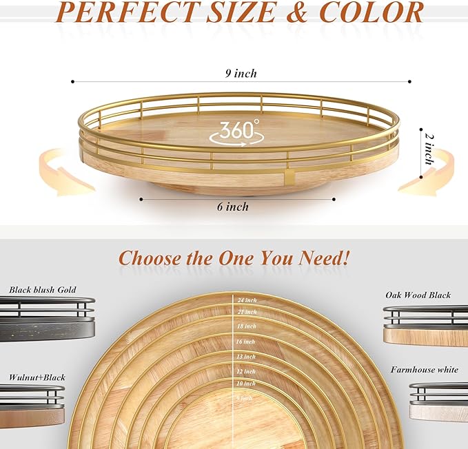 Farmhouse Oak 9" Lazy Susan Turntable Organizer for Cabinet, Round Wooden Lazy Susan Organization and Storage for Dining Table, Pantry, Kitchen, Countertop, Cupboard,Home Decor-Ruum Studio Home